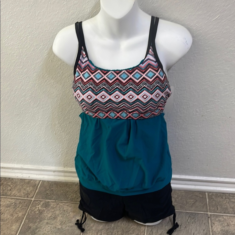 Geometric Print Tankini Top With Teal Bottom